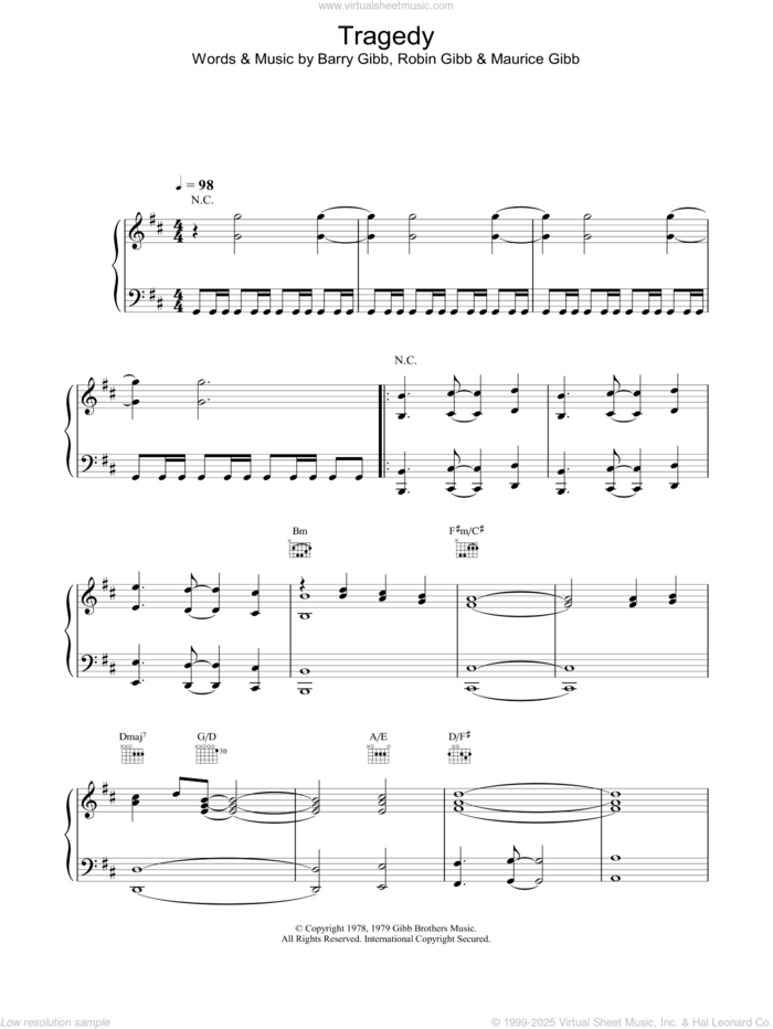 Tragedy sheet music for voice, piano or guitar by Bee Gees, intermediate skill level