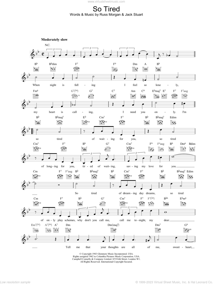 So Tired sheet music for voice and other instruments (fake book) by Russ Morgan, intermediate skill level