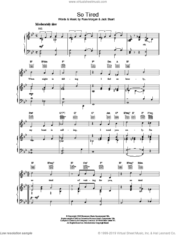 So Tired sheet music for voice, piano or guitar by Russ Morgan and Jack Stuart, intermediate skill level