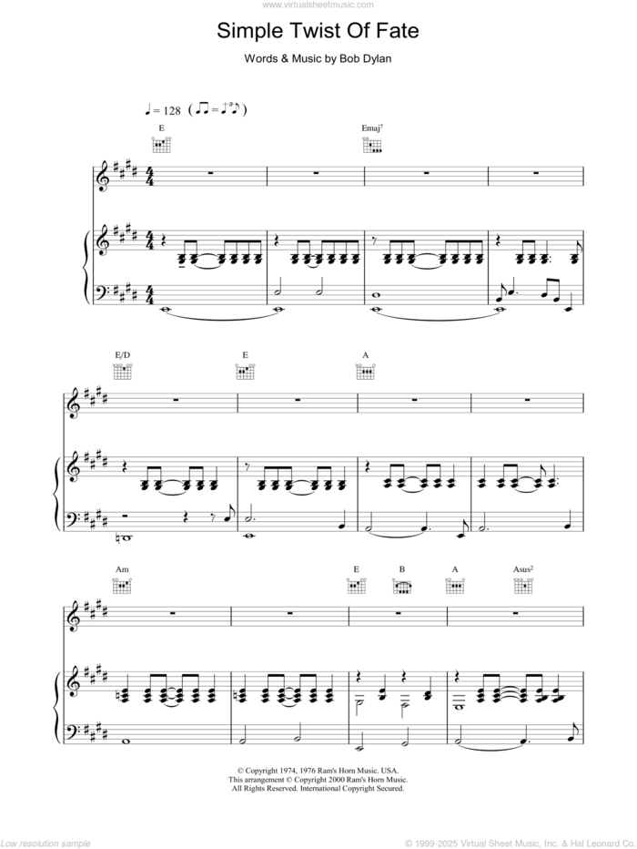 Simple Twist Of Fate sheet music for voice, piano or guitar by Bob Dylan, intermediate skill level