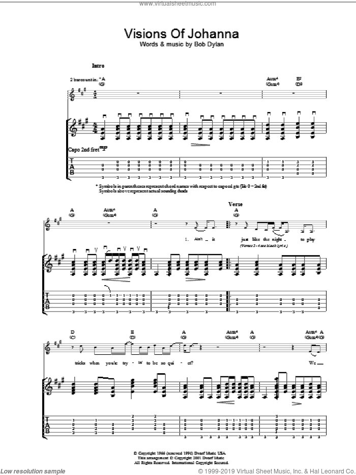 Visions Of Johanna sheet music for guitar (tablature) by Bob Dylan, intermediate skill level