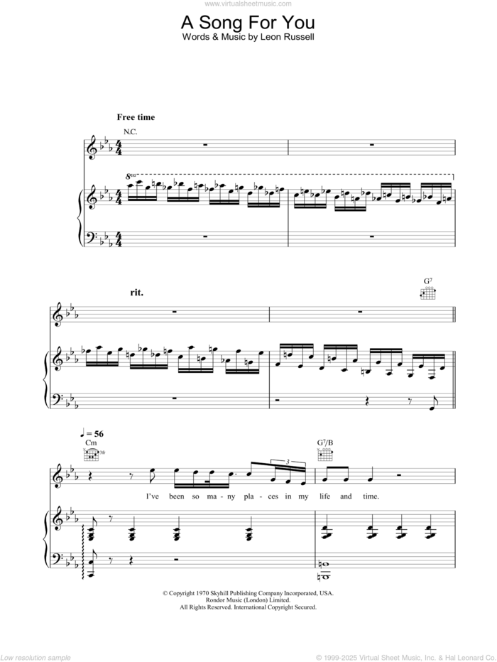 A Song For You sheet music for voice, piano or guitar by Ray Charles and Leon Russell, intermediate skill level