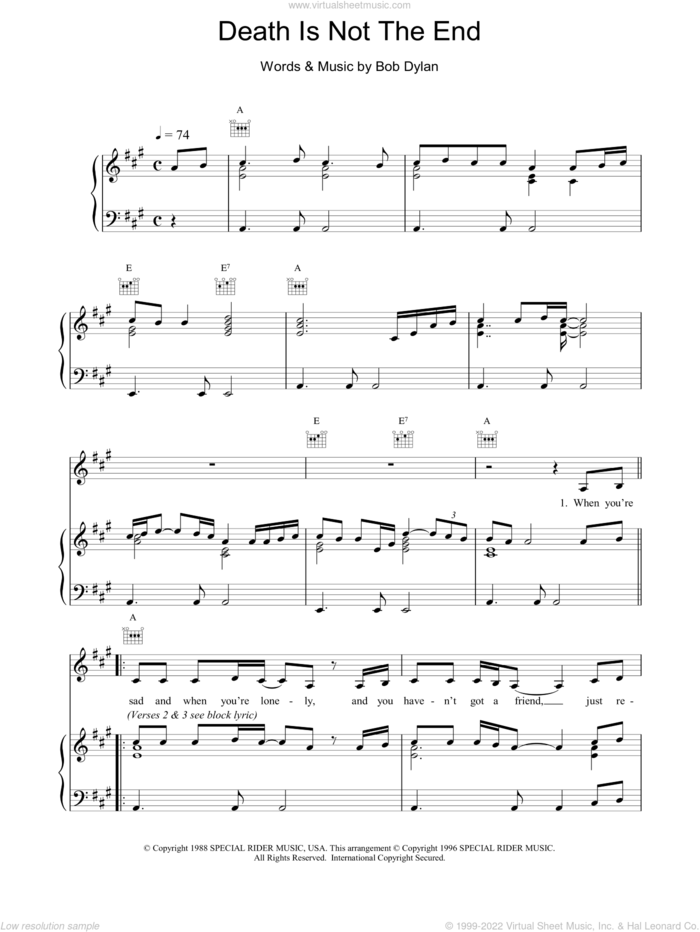 Death Is Not The End sheet music for voice, piano or guitar by Bob Dylan and Nick Cave, intermediate skill level