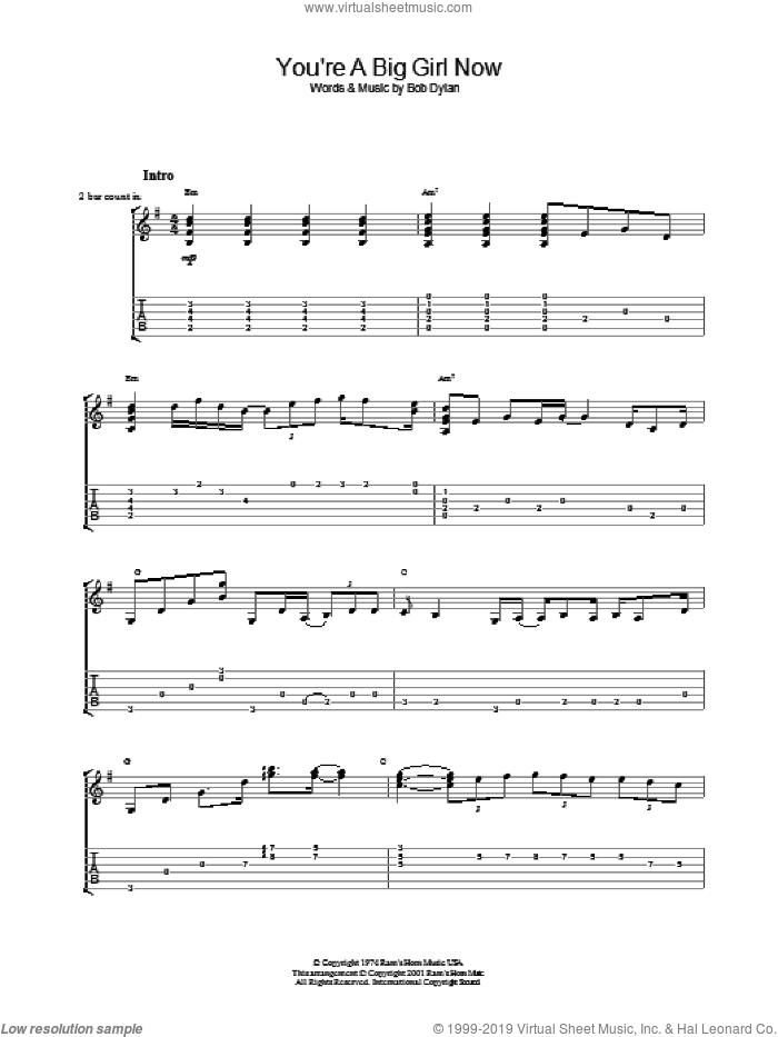 You're A Big Girl Now sheet music for guitar (tablature) by Bob Dylan, intermediate skill level