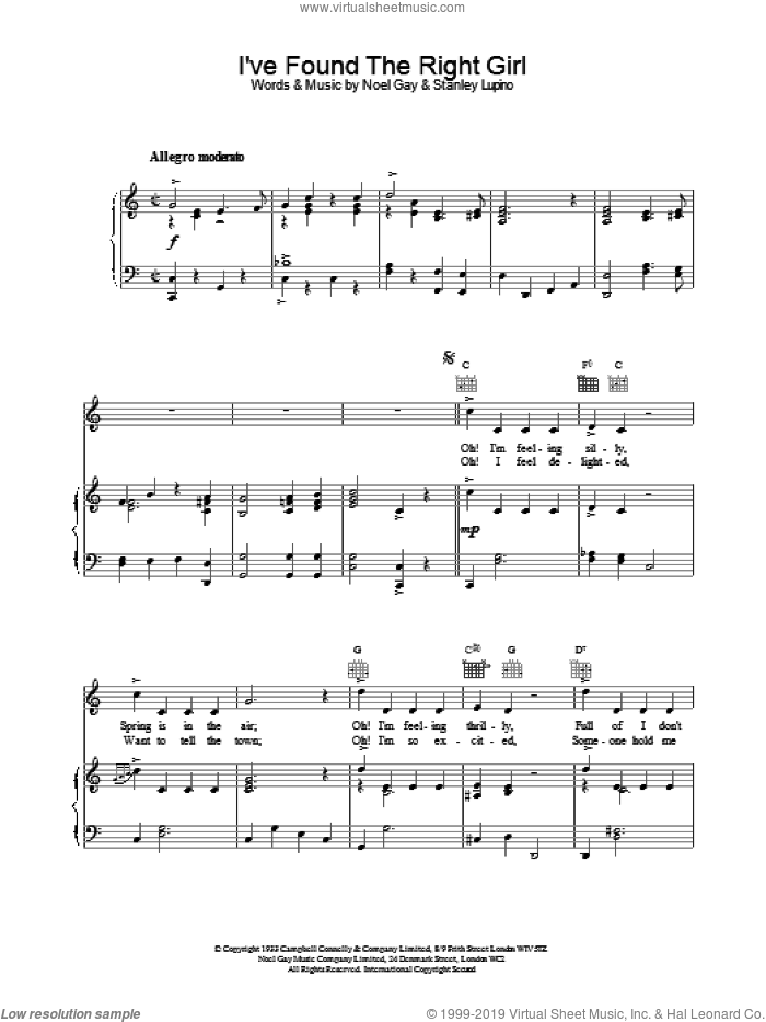 I've Found The Right Girl sheet music for voice, piano or guitar by Noel Gay and Stanley Lupino, intermediate skill level