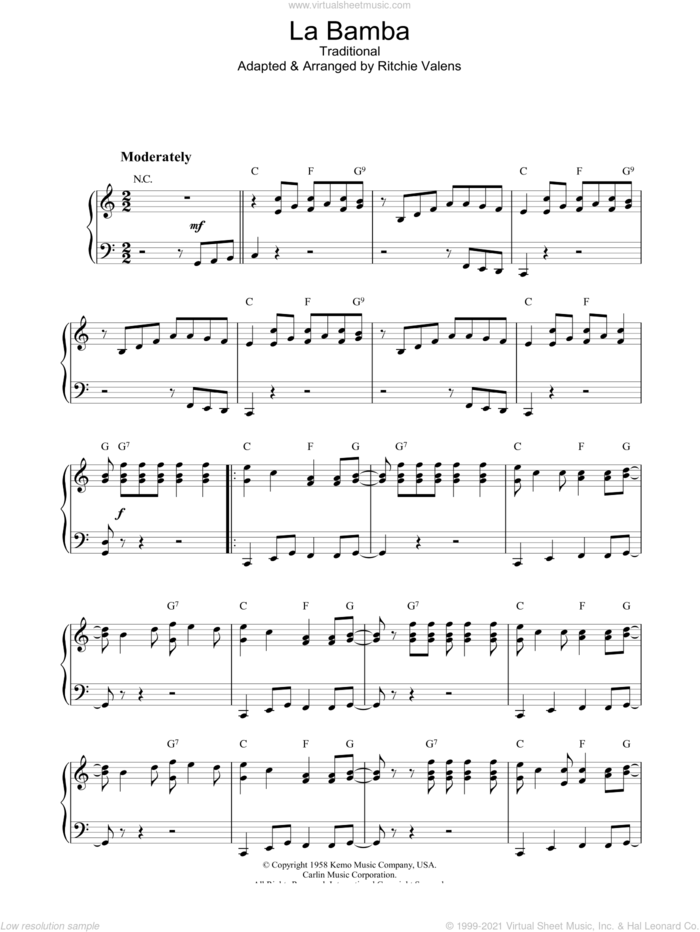 La Bamba, (intermediate) sheet music for piano solo by Ritchie Valens, intermediate skill level