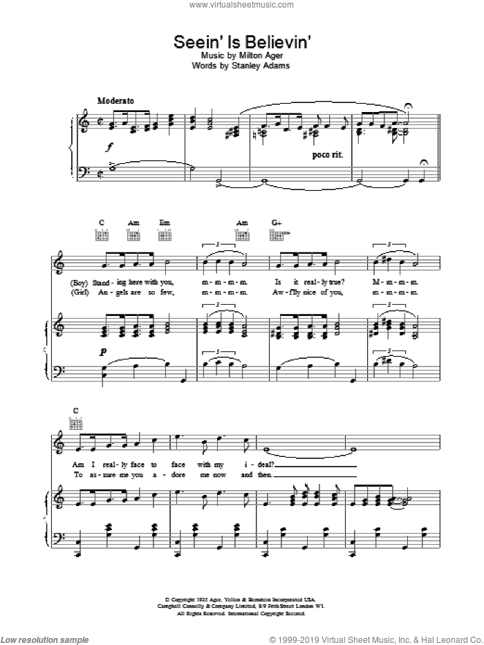 Seein' Is Believin' sheet music for voice, piano or guitar by Lew Stone, intermediate skill level