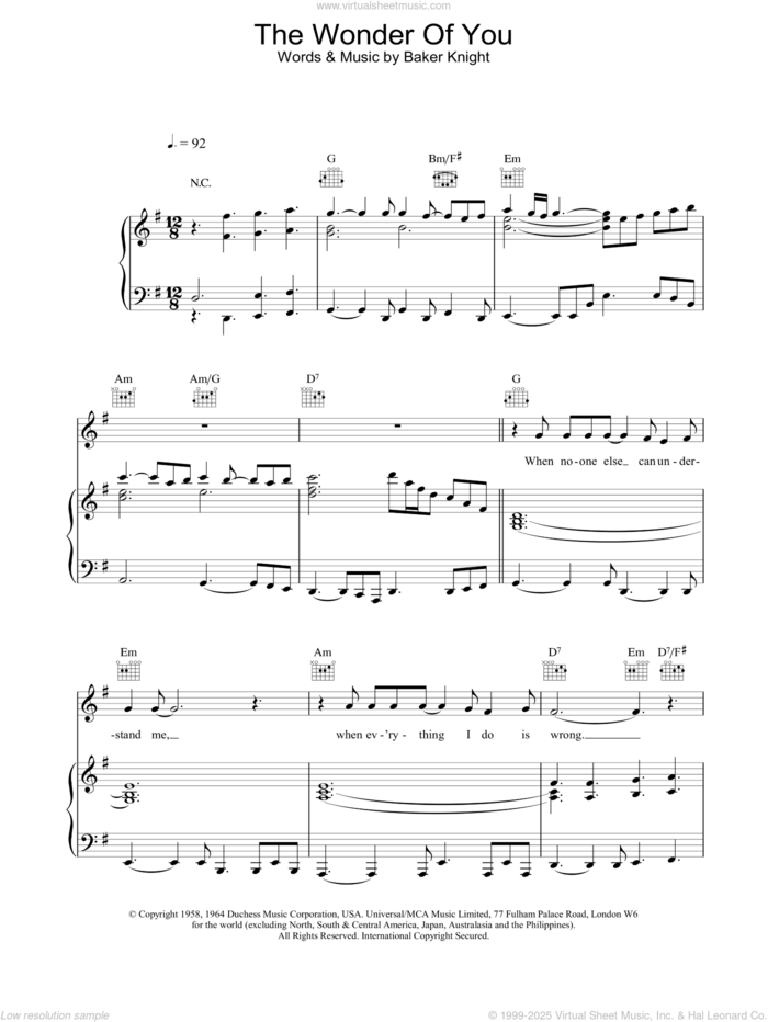 The Wonder Of You sheet music for voice, piano or guitar by Elvis Presley and Baker Knight, intermediate skill level