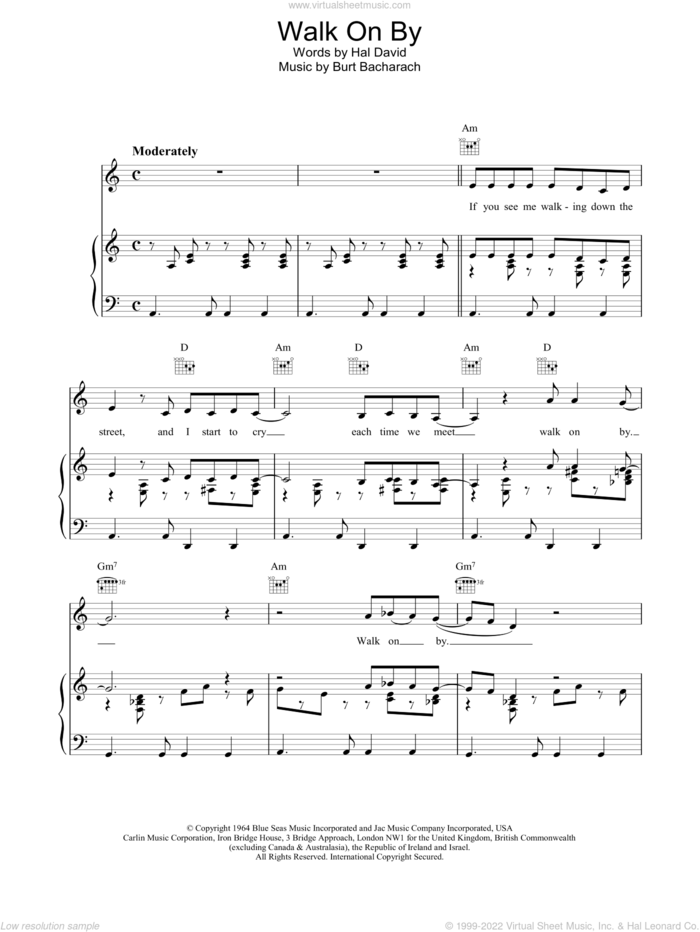 Walk On By sheet music for voice, piano or guitar by Burt Bacharach, intermediate skill level