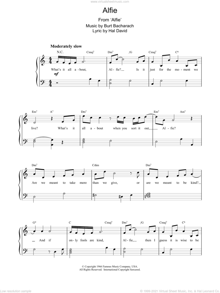 Alfie sheet music for piano solo by Cilla Black, Cher and Vanessa Williams, intermediate skill level