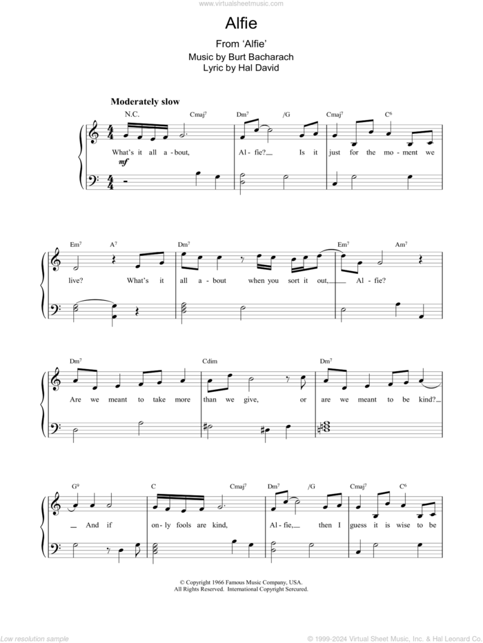 Alfie sheet music for piano solo by Cilla Black, Cher and Vanessa Williams, intermediate skill level