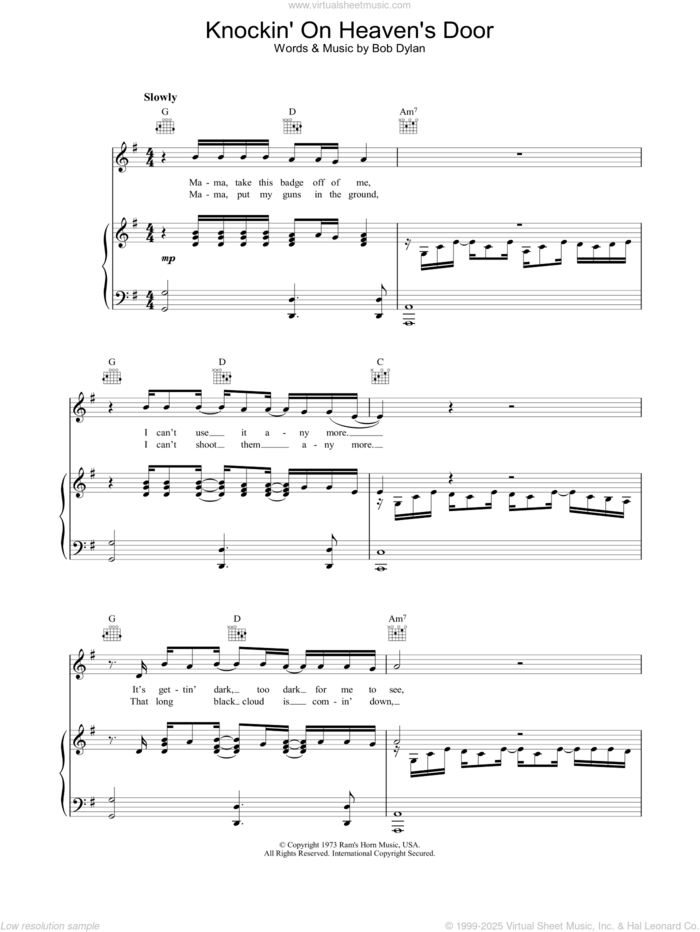 Knockin' On Heaven's Door sheet music for voice, piano or guitar by Bob Dylan and Eric Clapton, intermediate skill level