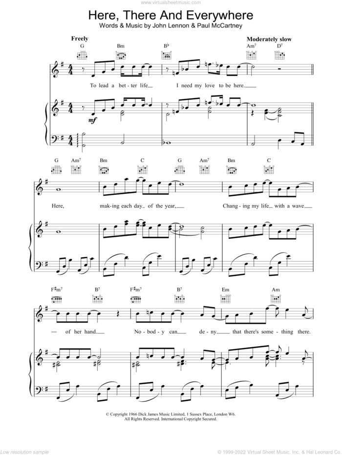Here, There and Everywhere sheet music for voice, piano or guitar by The Beatles, wedding score, intermediate skill level
