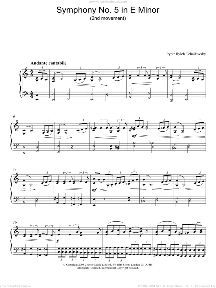 Symphony No. 5 in E Minor (2nd movement) sheet music for piano solo by Pyotr Ilyich Tchaikovsky, classical score, intermediate skill level