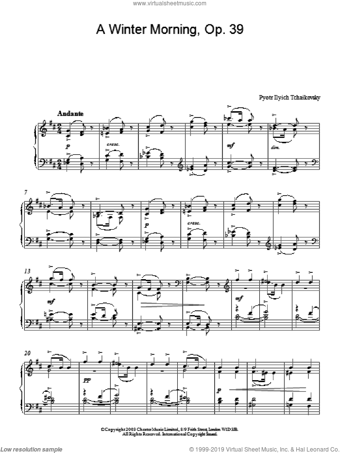 A Winter Morning, Op. 39 sheet music for piano solo by Pyotr Ilyich Tchaikovsky, classical score, intermediate skill level