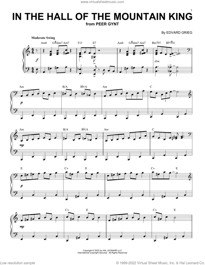 In The Hall Of The Mountain King [Jazz version] (arr. Brent Edstrom) sheet music for piano solo by Edvard Grieg and Brent Edstrom, classical score, intermediate skill level