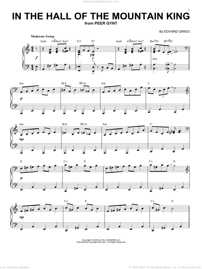 In The Hall Of The Mountain King [Jazz version] (arr. Brent Edstrom) sheet music for piano solo by Edvard Grieg and Brent Edstrom, classical score, intermediate skill level