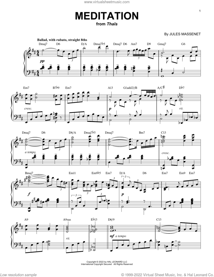 Meditation [Jazz version] (arr. Brent Edstrom) sheet music for piano solo by Jules Massenet and Brent Edstrom, classical score, intermediate skill level