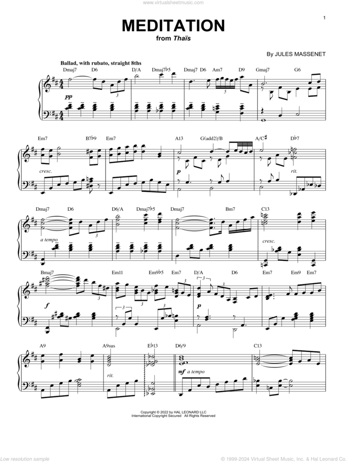 Meditation [Jazz version] (arr. Brent Edstrom) sheet music for piano solo by Jules Massenet and Brent Edstrom, classical score, intermediate skill level