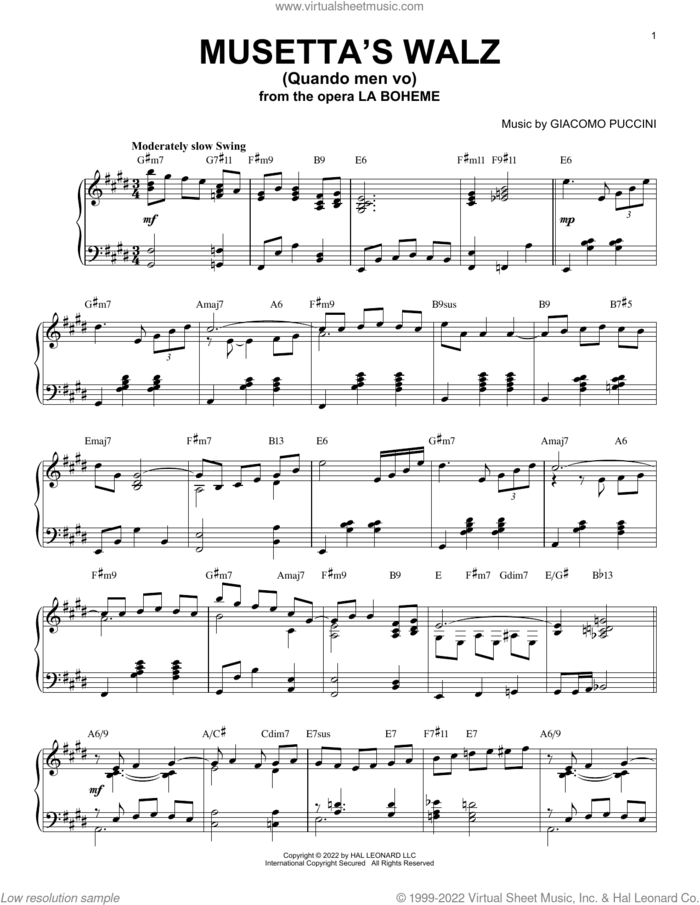 Musetta's Waltz (Quando Men Vo) [Jazz version] (arr. Brent Edstrom) sheet music for piano solo by Giacomo Puccini, Brent Edstrom, Giuseppe Giacosa and Luigi Illica, classical score, intermediate skill level