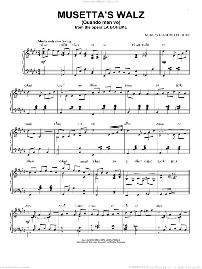 Musetta's Waltz (Quando Men Vo) [Jazz version] (arr. Brent Edstrom) sheet music for piano solo by Giacomo Puccini, Brent Edstrom, Giuseppe Giacosa and Luigi Illica, classical score, intermediate skill level