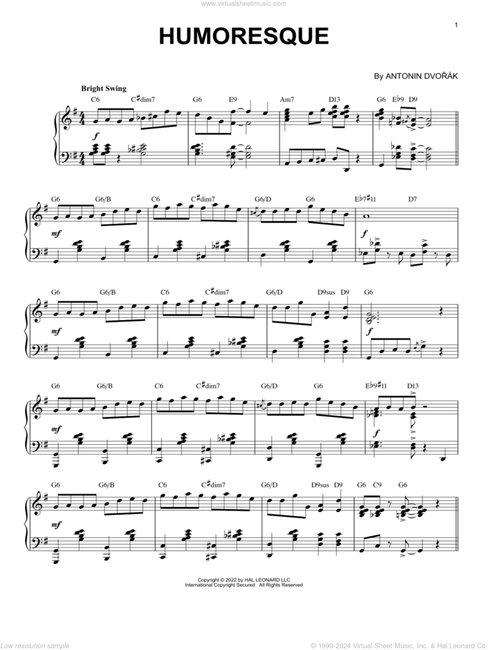 Humoresque [Jazz version] (arr. Brent Edstrom) sheet music for piano solo by Antonin Dvorak and Brent Edstrom, classical score, intermediate skill level