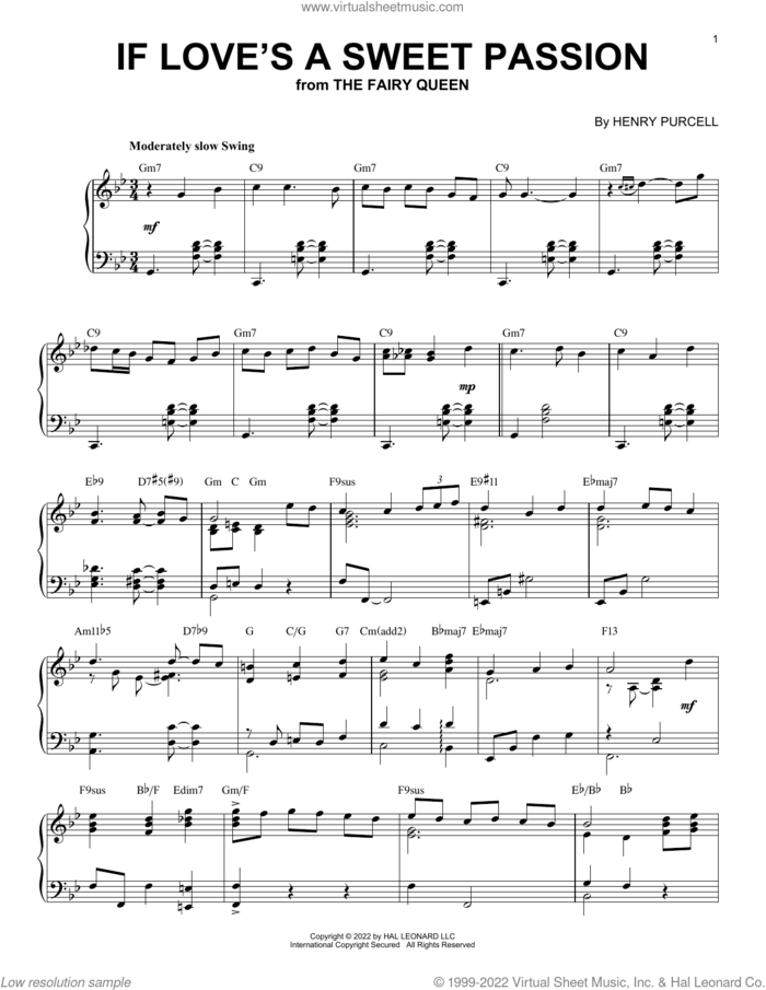 If Love's A Sweet Passion [Jazz version] (arr. Brent Edstrom) sheet music for piano solo by Henry Purcell and Brent Edstrom, intermediate skill level