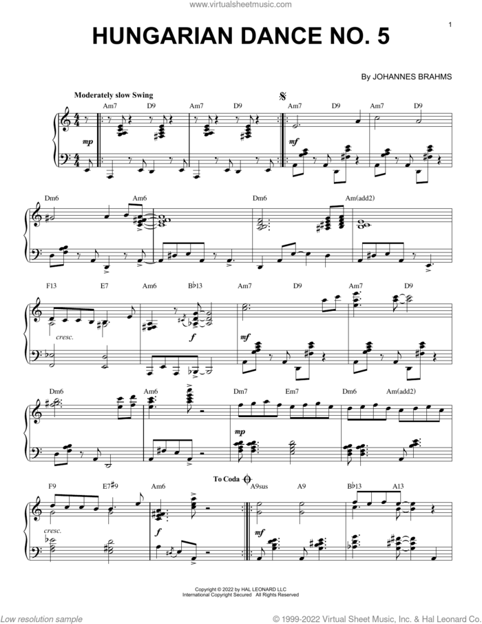 Hungarian Dance No. 5 [Jazz version] (arr. Brent Edstrom) sheet music for piano solo by Johannes Brahms and Brent Edstrom, classical score, intermediate skill level