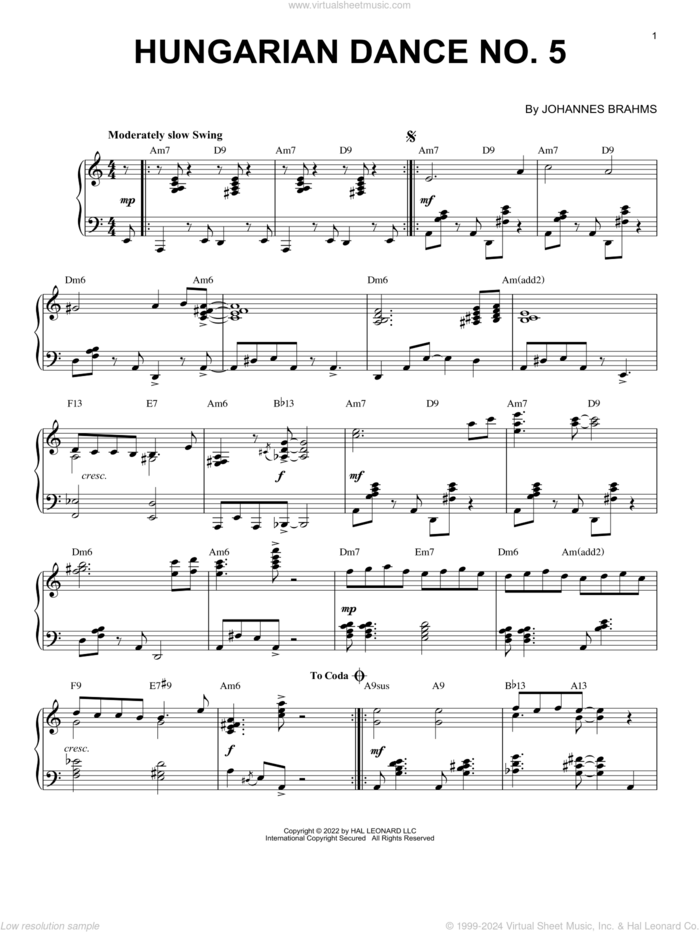 Hungarian Dance No. 5 [Jazz version] (arr. Brent Edstrom) sheet music for piano solo by Johannes Brahms and Brent Edstrom, classical score, intermediate skill level