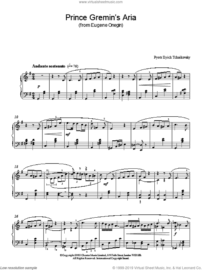 Prince Gremin's Aria (from Eugene Onegin) sheet music for piano solo by Pyotr Ilyich Tchaikovsky, classical score, intermediate skill level