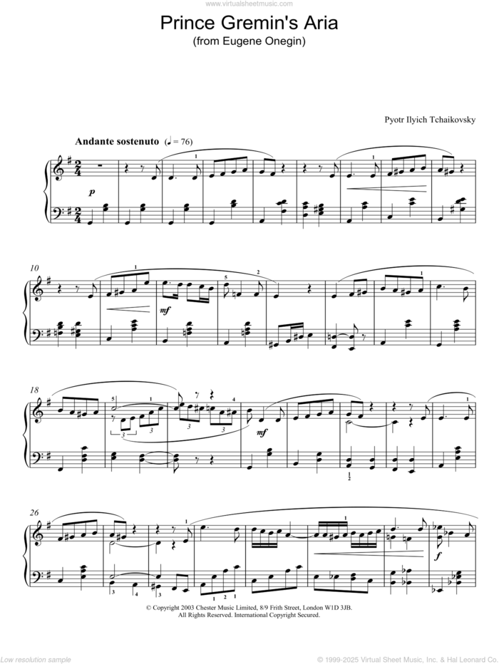 Prince Gremin's Aria (from Eugene Onegin) sheet music for piano solo by Pyotr Ilyich Tchaikovsky, classical score, intermediate skill level