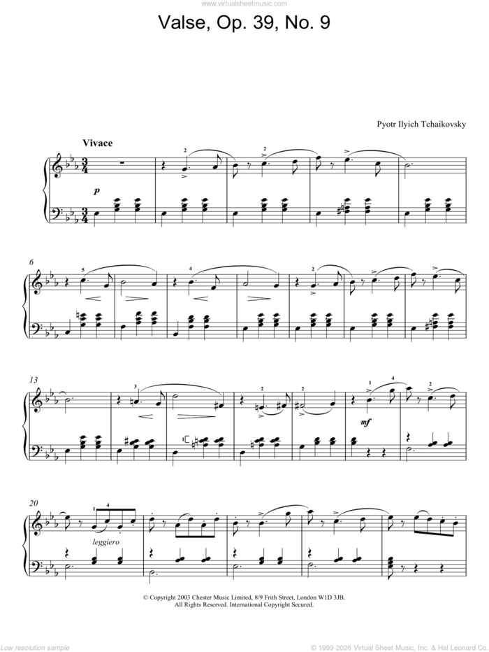 Valse, Op. 39, No. 9 sheet music for piano solo by Pyotr Ilyich Tchaikovsky, classical score, intermediate skill level