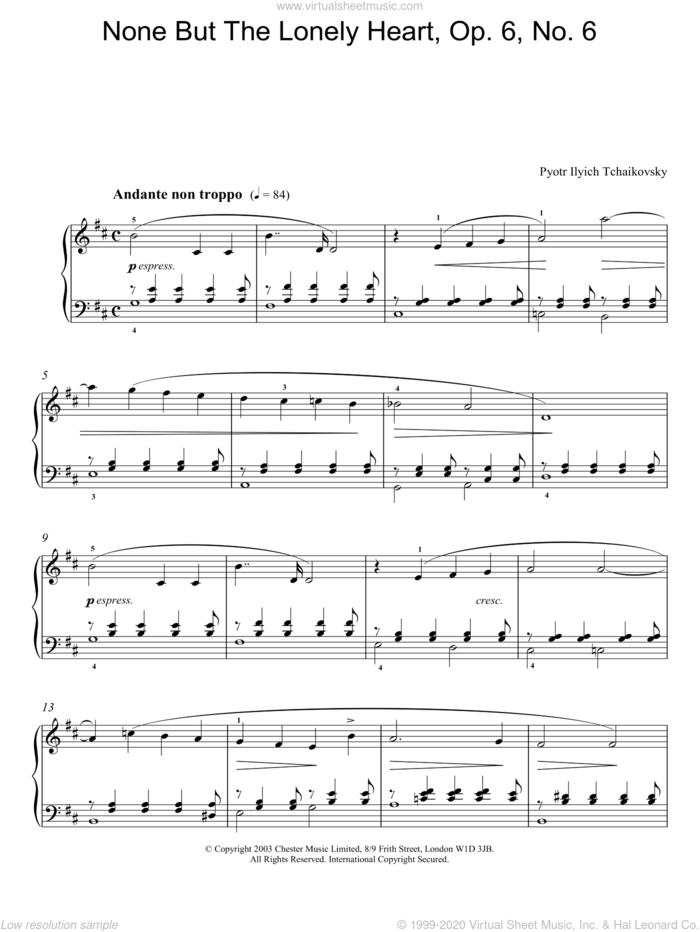 None But The Lonely Heart, Op. 6, No. 6 sheet music for piano solo by Pyotr Ilyich Tchaikovsky, classical score, intermediate skill level