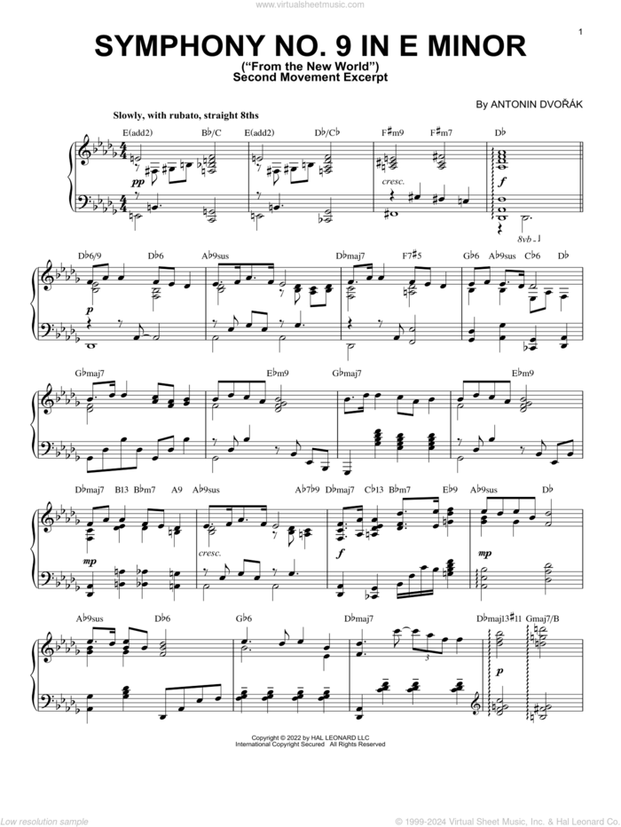 Symphony No. 9 In E Minor ('From The New World'), Second Movement Excerpt [Jazz version] (arr. Brent sheet music for piano solo by Antonin Dvorak and Brent Edstrom, classical score, intermediate skill level