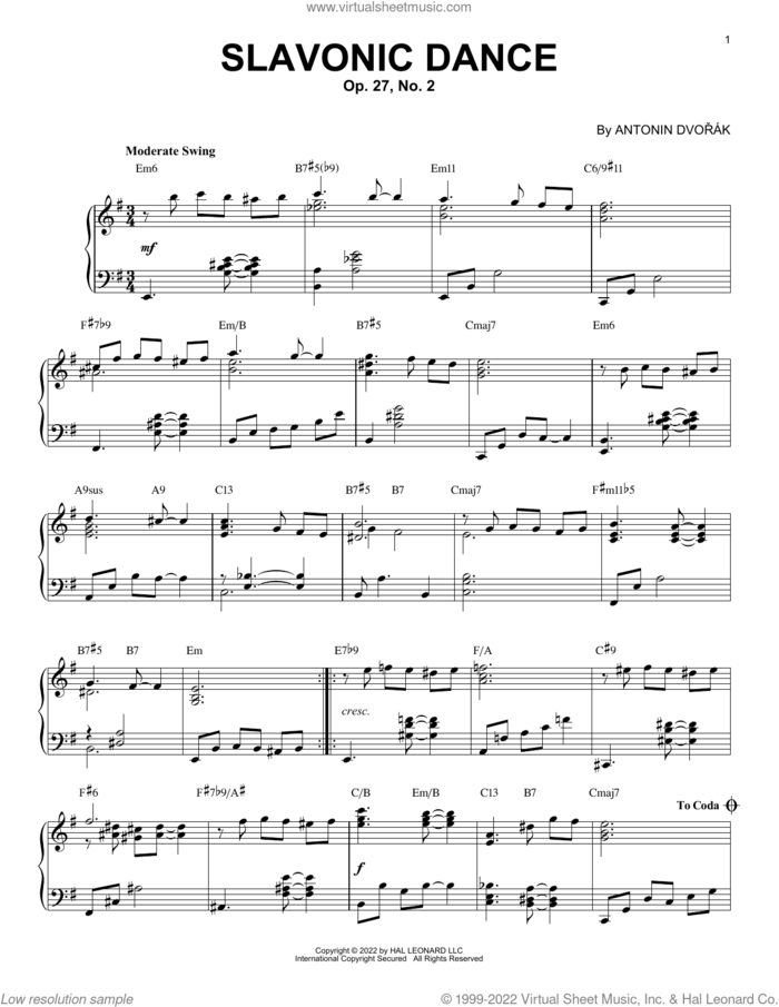 Slavonic Dance #2 [Jazz version] (arr. Brent Edstrom) sheet music for piano solo by Antonin Dvorak and Brent Edstrom, classical score, intermediate skill level
