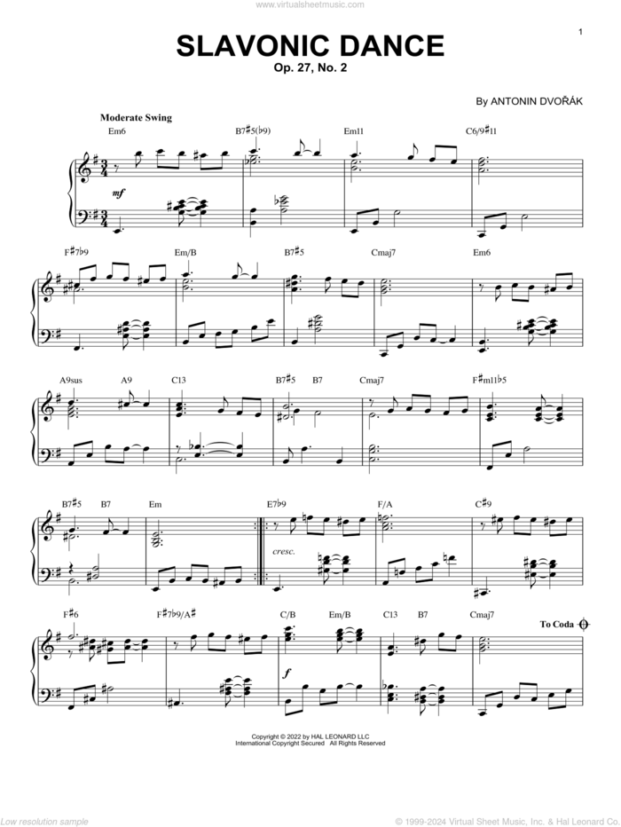 Slavonic Dance #2 [Jazz version] (arr. Brent Edstrom) sheet music for piano solo by Antonin Dvorak and Brent Edstrom, classical score, intermediate skill level