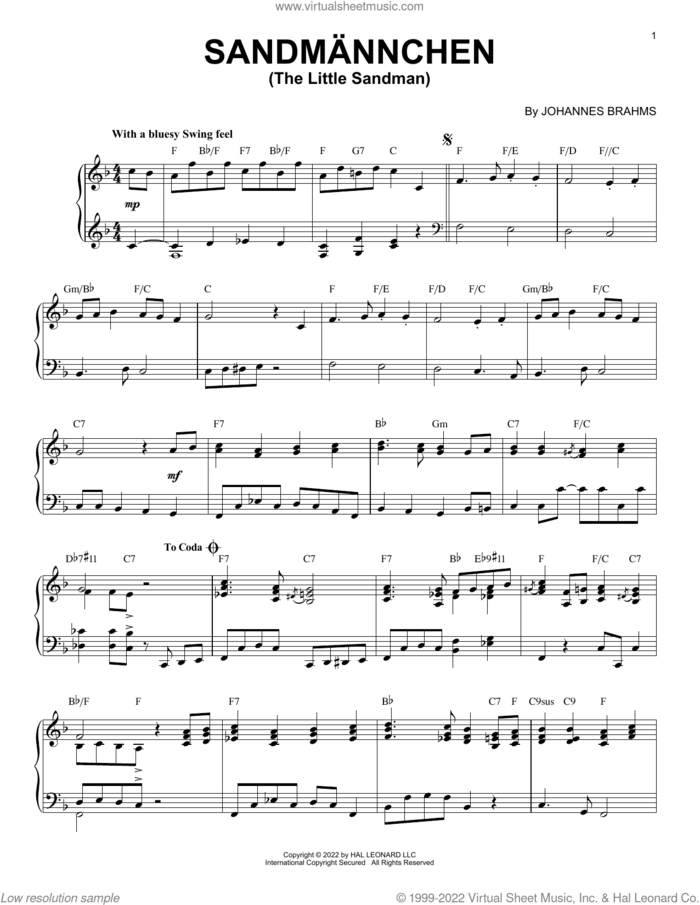 Sandmannchen (The Little Sandman), WoO 31, No. 4 [Jazz version] (arr. Brent Edstrom) sheet music for piano solo by Johannes Brahms and Brent Edstrom, classical score, intermediate skill level