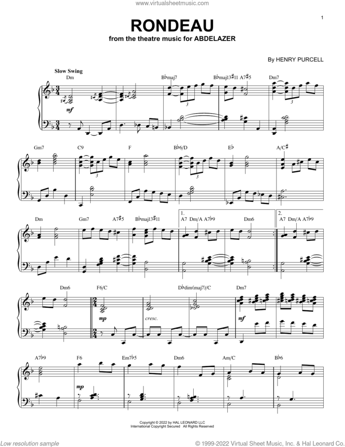 Rondeau [Jazz version] (arr. Brent Edstrom) sheet music for piano solo by Henry Purcell and Brent Edstrom, classical score, intermediate skill level