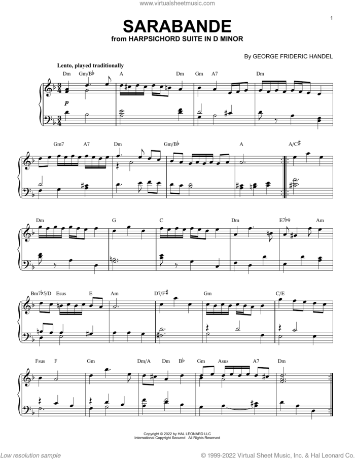 Sarabande In D Minor [Jazz version] (arr. Brent Edstrom) sheet music for piano solo by George Frideric Handel and Brent Edstrom, classical score, intermediate skill level