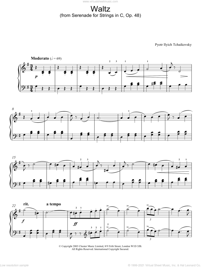 Waltz (from Serenade for Strings In C, Op. 48) sheet music for piano solo by Pyotr Ilyich Tchaikovsky, classical score, intermediate skill level