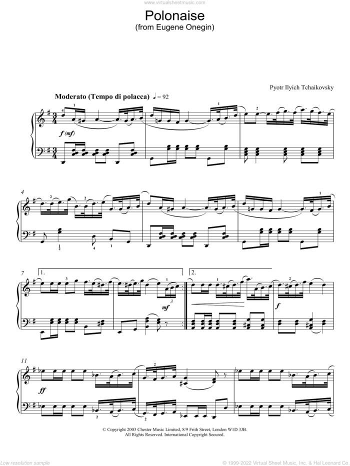 Polonaise (from Eugene Onegin) sheet music for piano solo by Pyotr Ilyich Tchaikovsky, classical score, intermediate skill level