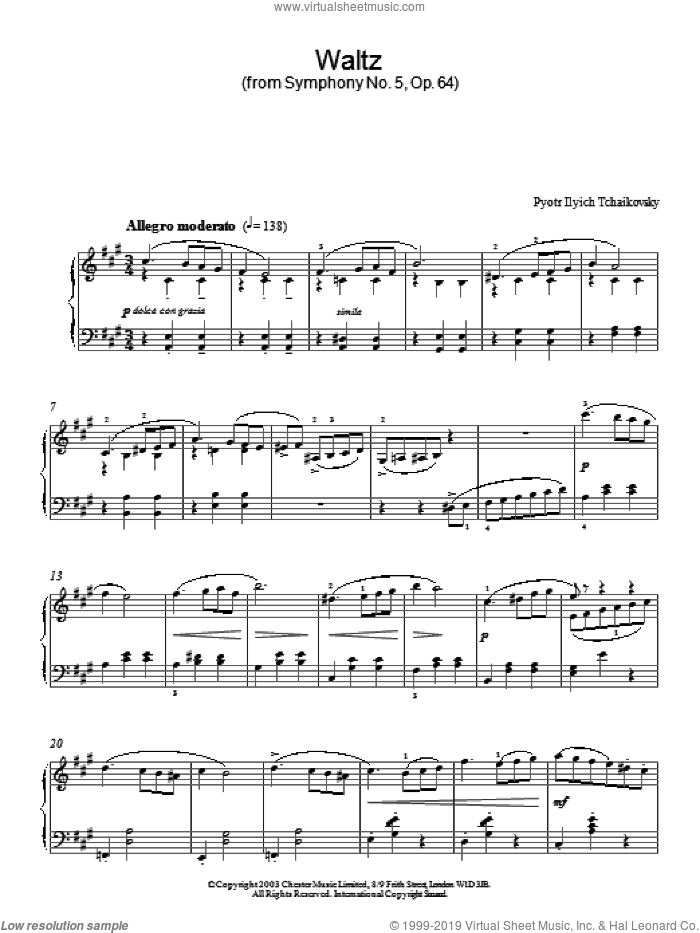 Waltz (from Symphony No. 5, Op. 64) sheet music for piano solo by Pyotr Ilyich Tchaikovsky, classical score, intermediate skill level