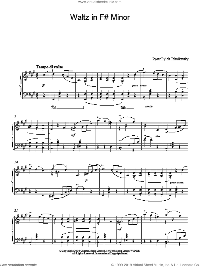 Waltz in F# Minor sheet music for piano solo by Pyotr Ilyich Tchaikovsky, classical score, intermediate skill level