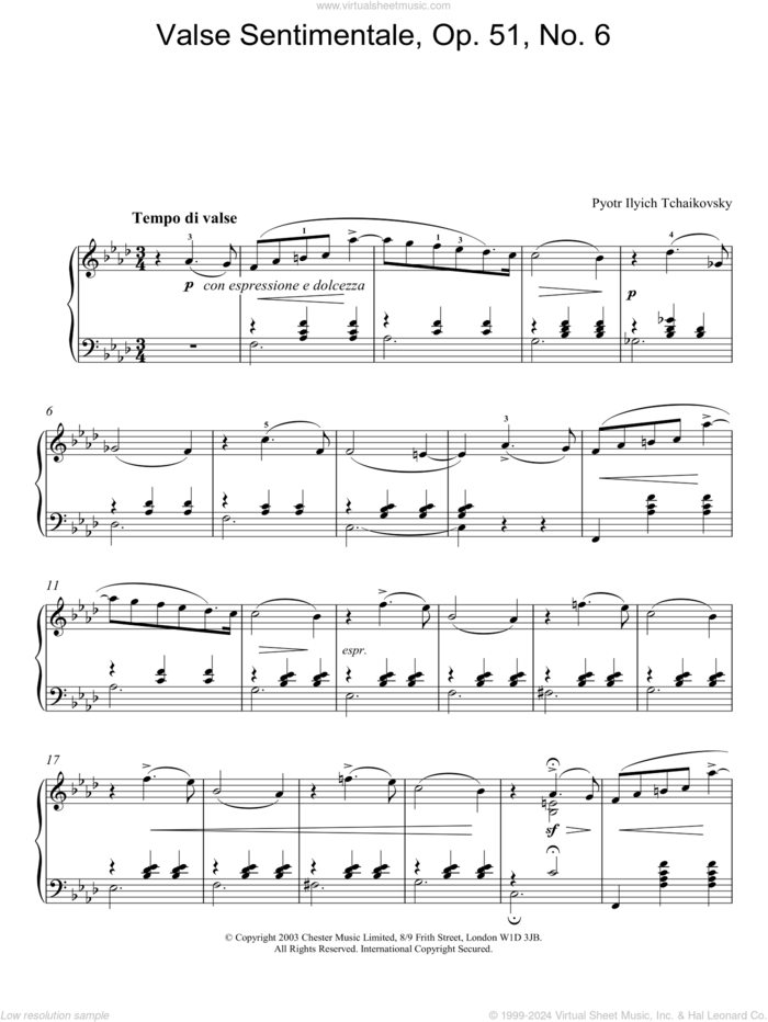 Valse Sentimentale, Op. 51, No. 6 sheet music for piano solo by Pyotr Ilyich Tchaikovsky, classical score, intermediate skill level