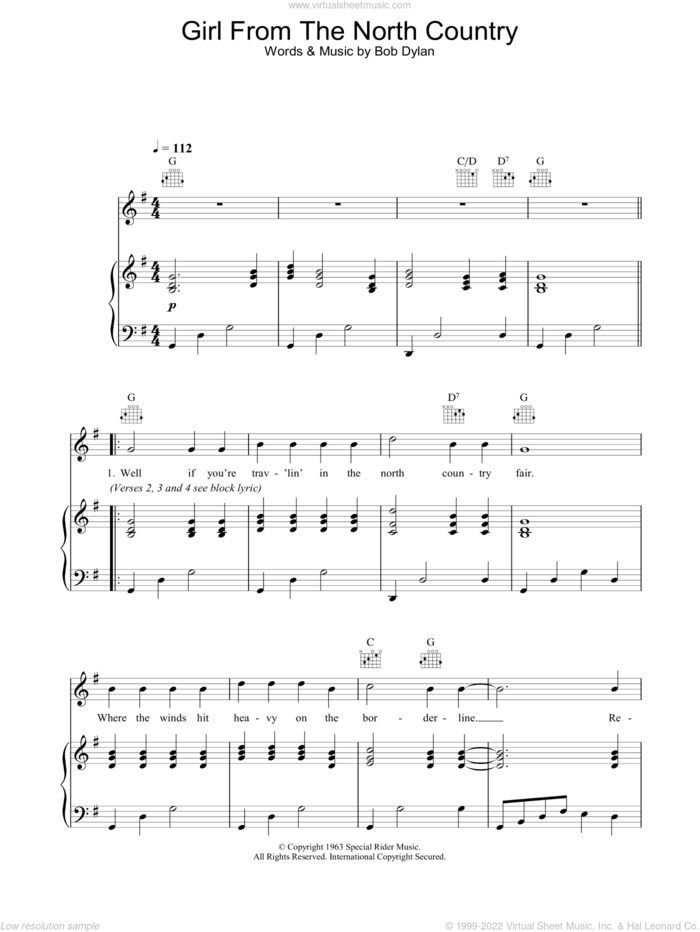 Girl From The North Country sheet music for voice, piano or guitar by Johnny Cash, intermediate skill level