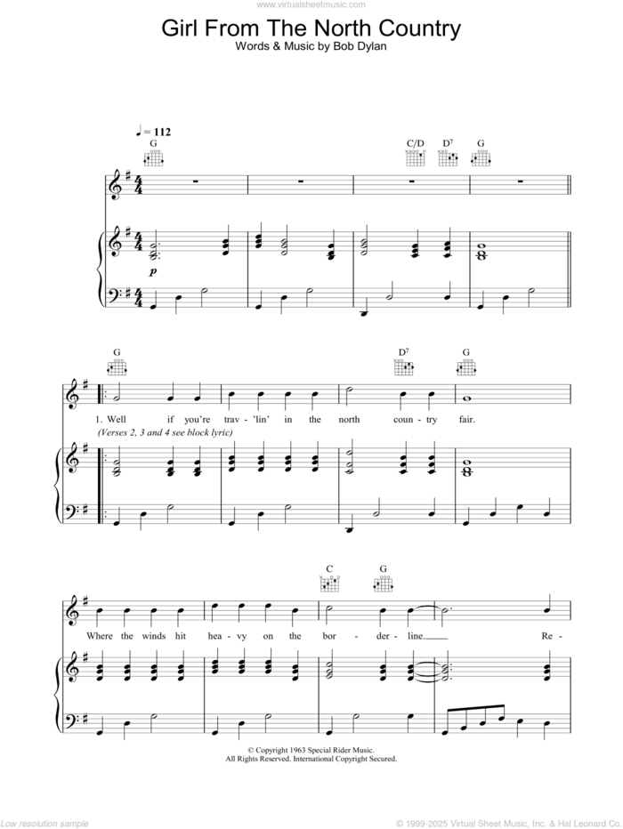 Girl From The North Country sheet music for voice, piano or guitar by Johnny Cash, intermediate skill level