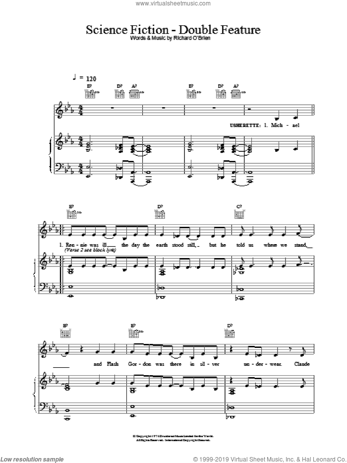 Science Fiction / Double Feature sheet music for voice, piano or guitar by Richard O'Brien and The Rocky Horror Picture Show, intermediate skill level