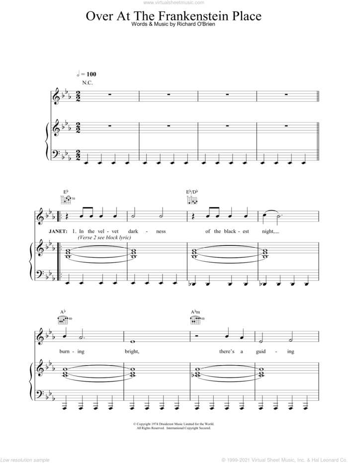 Over At The Frankenstein Place sheet music for voice, piano or guitar by Richard O'Brien and The Rocky Horror Picture Show, intermediate skill level