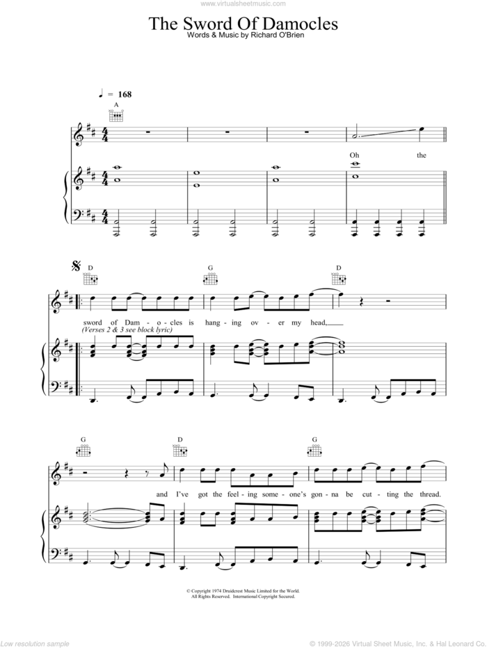 The Sword Of Damocles sheet music for voice, piano or guitar by Richard O'Brien and The Rocky Horror Picture Show, intermediate skill level