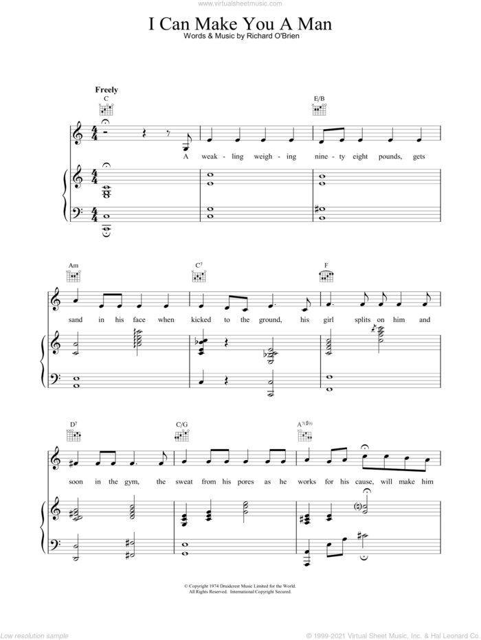 I Can Make You A Man sheet music for voice, piano or guitar by Richard O'Brien and The Rocky Horror Picture Show, intermediate skill level